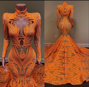 2022 elegant evening dresses long sleeve high neck orange lace applique modest luxury formal evening gown 2021