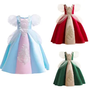 3-12Y Toddler Baby Girls Princess Dress Bubble Sleeve Round Neck Embroidery Dress 1PCS Princess Dress Blue Catpapa Z838