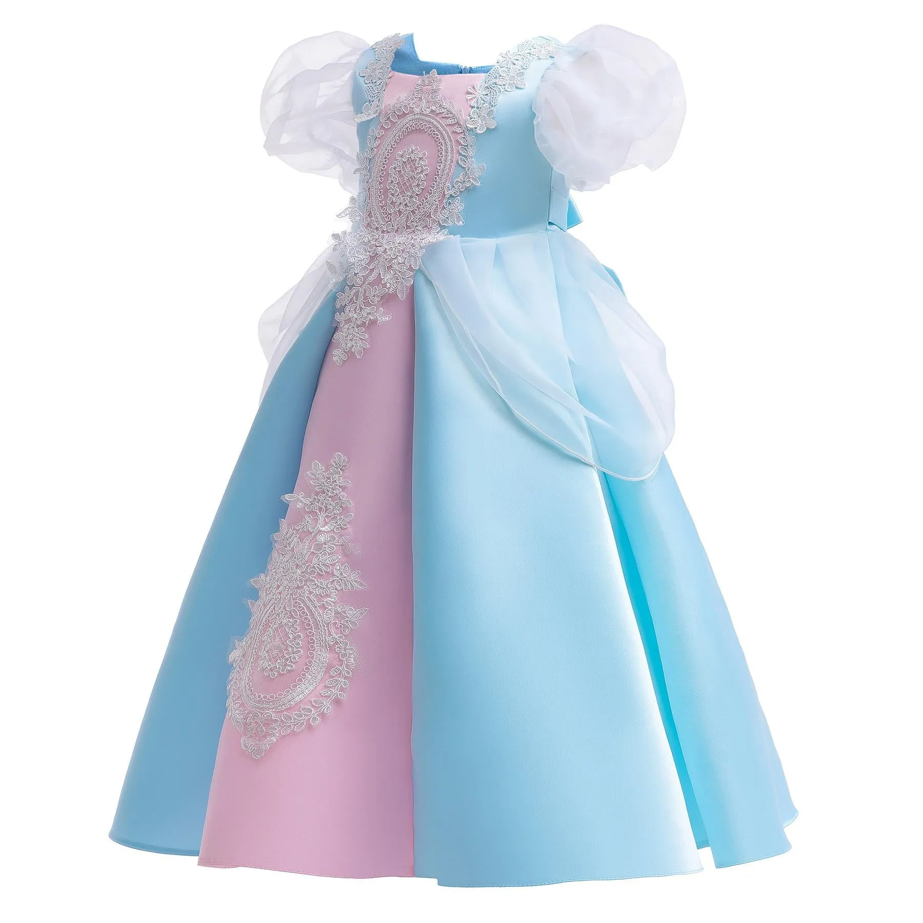 3-12Y Toddler Baby Girls Princess Dress Bubble Sleeve Round Neck Embroidery Dress 1PCS Princess Dress Blue Catpapa Z838