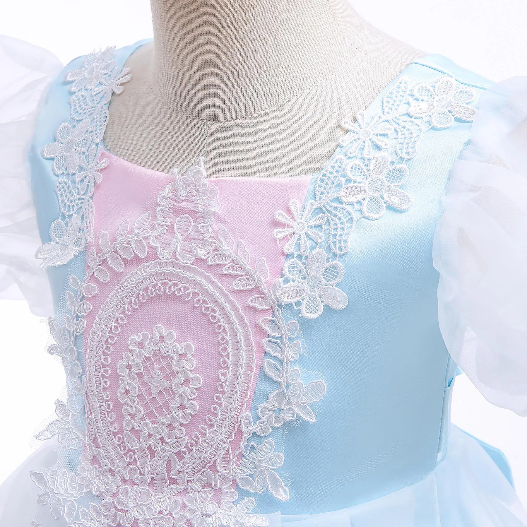 3-12Y Toddler Baby Girls Princess Dress Bubble Sleeve Round Neck Embroidery Dress 1PCS Princess Dress Blue Catpapa Z838