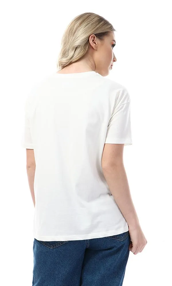 57609 Simple Printed Slip On Casual Off White T-Shirt