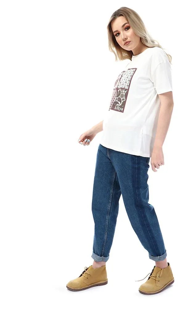 57609 Simple Printed Slip On Casual Off White T-Shirt