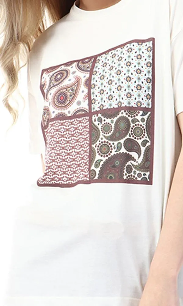 57609 Simple Printed Slip On Casual Off White T-Shirt
