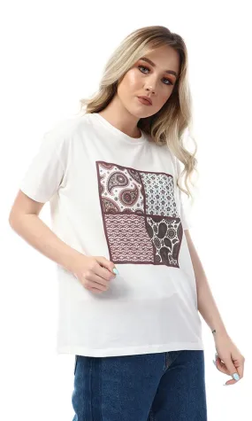57609 Simple Printed Slip On Casual Off White T-Shirt
