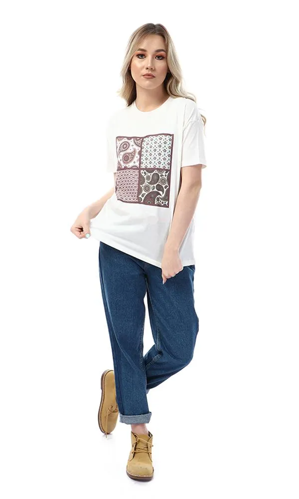57609 Simple Printed Slip On Casual Off White T-Shirt