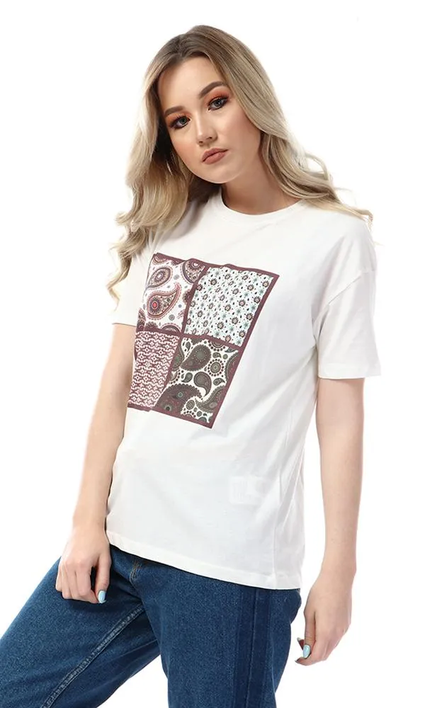 57609 Simple Printed Slip On Casual Off White T-Shirt
