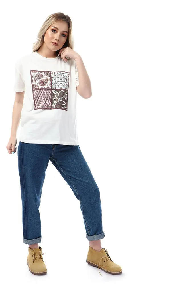 57609 Simple Printed Slip On Casual Off White T-Shirt