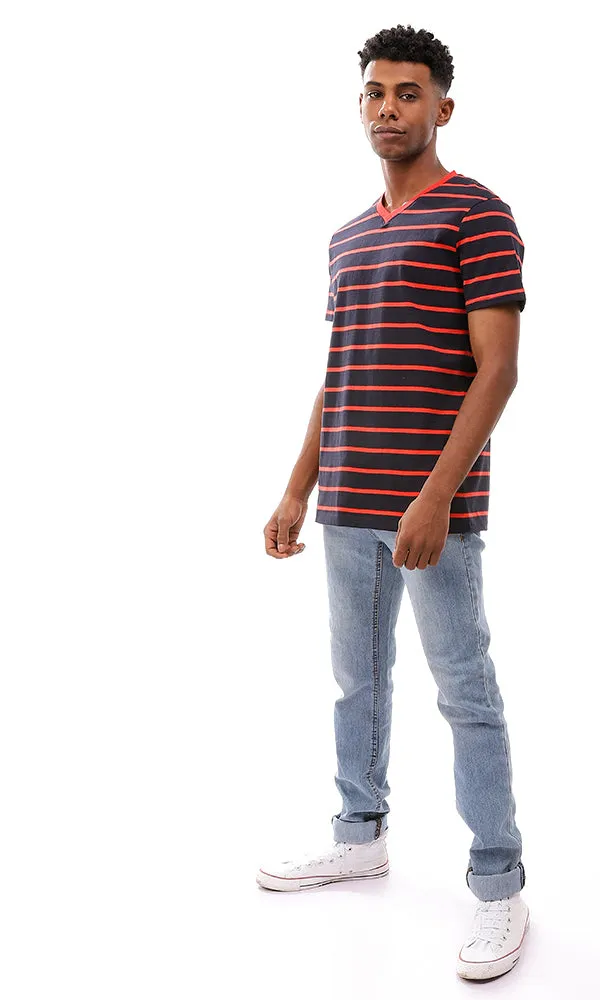 94970 Striped V-Neck Standard Fit T-Shirt - Navy Blue & Red