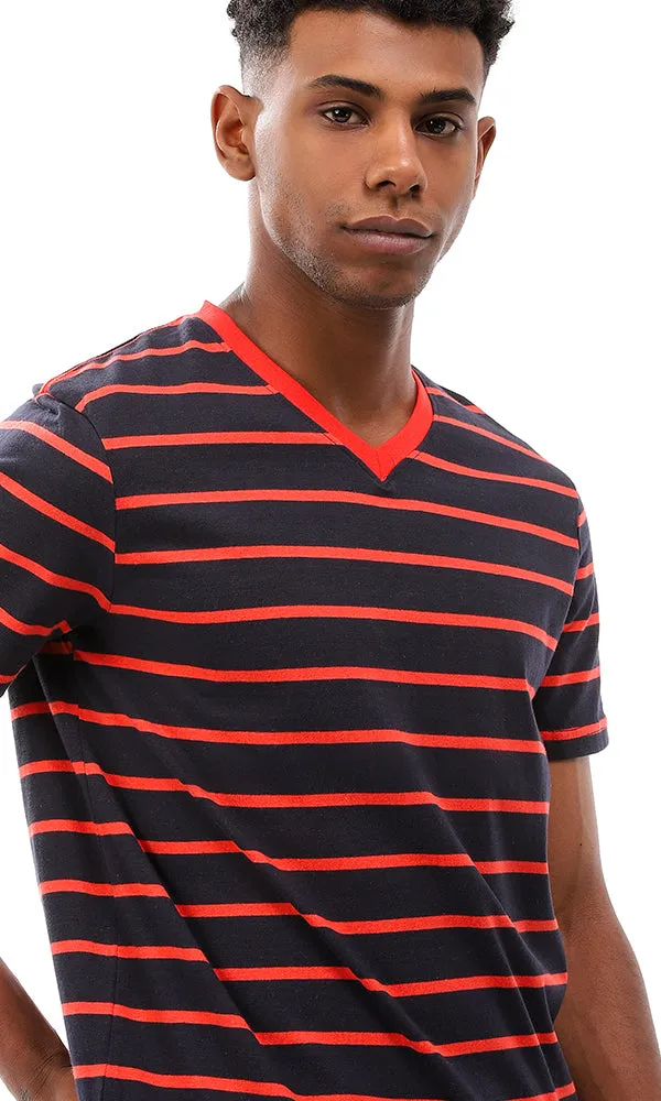 94970 Striped V-Neck Standard Fit T-Shirt - Navy Blue & Red