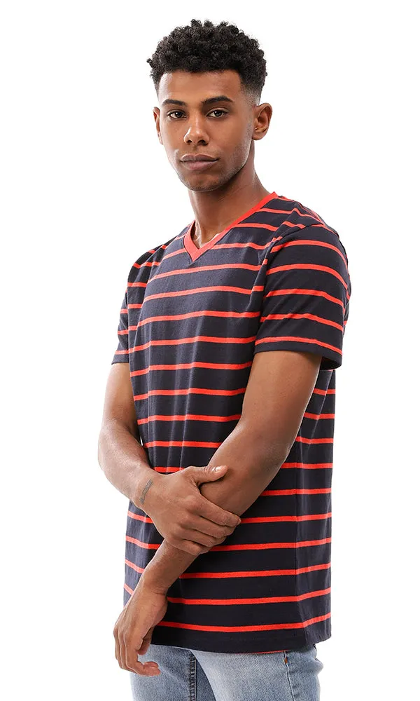 94970 Striped V-Neck Standard Fit T-Shirt - Navy Blue & Red