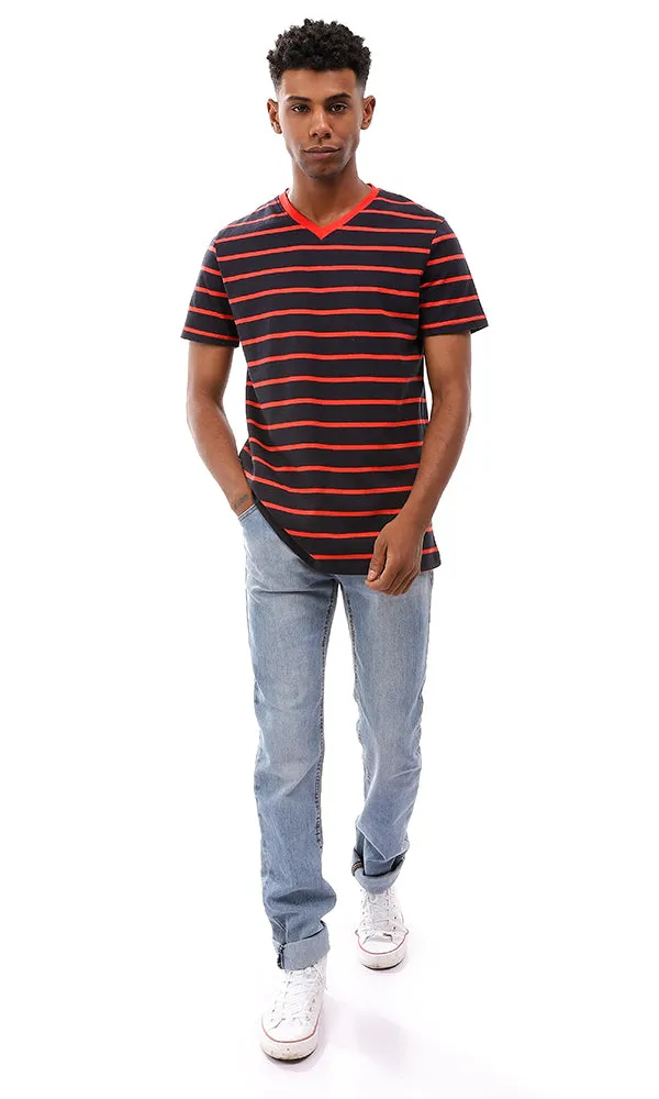 94970 Striped V-Neck Standard Fit T-Shirt - Navy Blue & Red