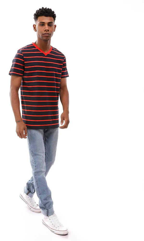 94970 Striped V-Neck Standard Fit T-Shirt - Navy Blue & Red