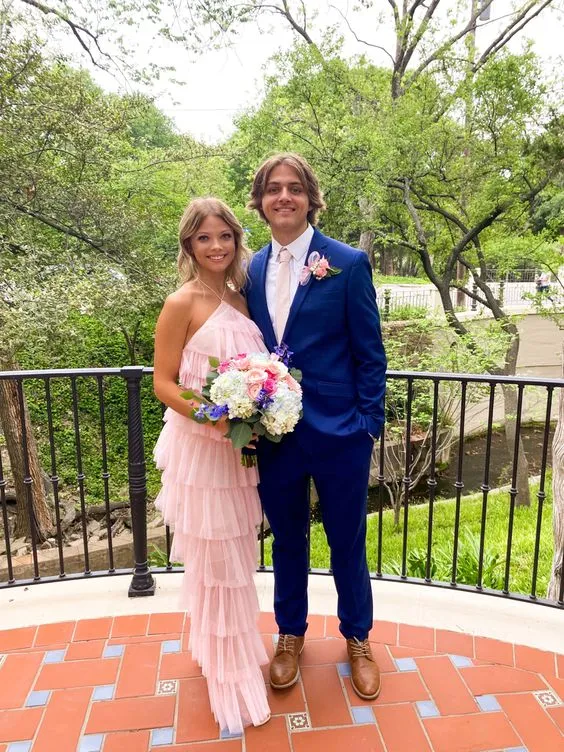 A-line Pink Tulle Tiered Long Prom Dress , Unique Prom Dress Y836