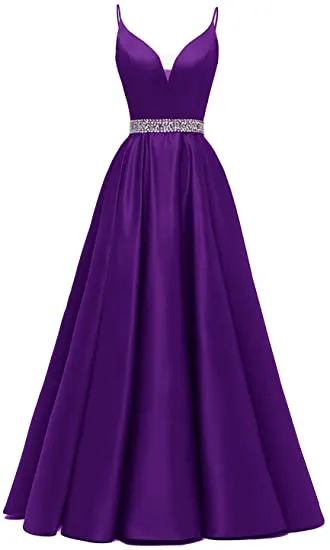 A-line Royal Blue Satin Prom Dress With Waist Beads Y769