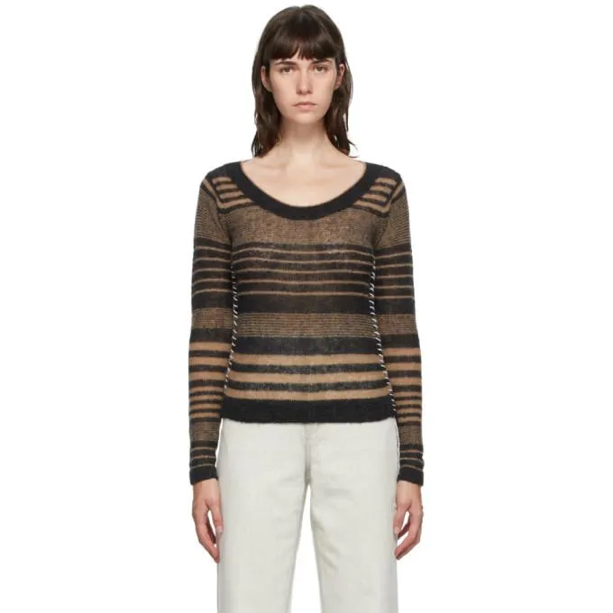 Acne Studios Black and Brown Striped Scoop Neck Crewneck Sweater