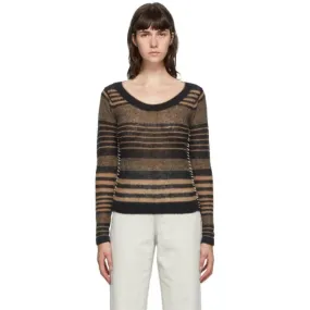Acne Studios Black and Brown Striped Scoop Neck Crewneck Sweater