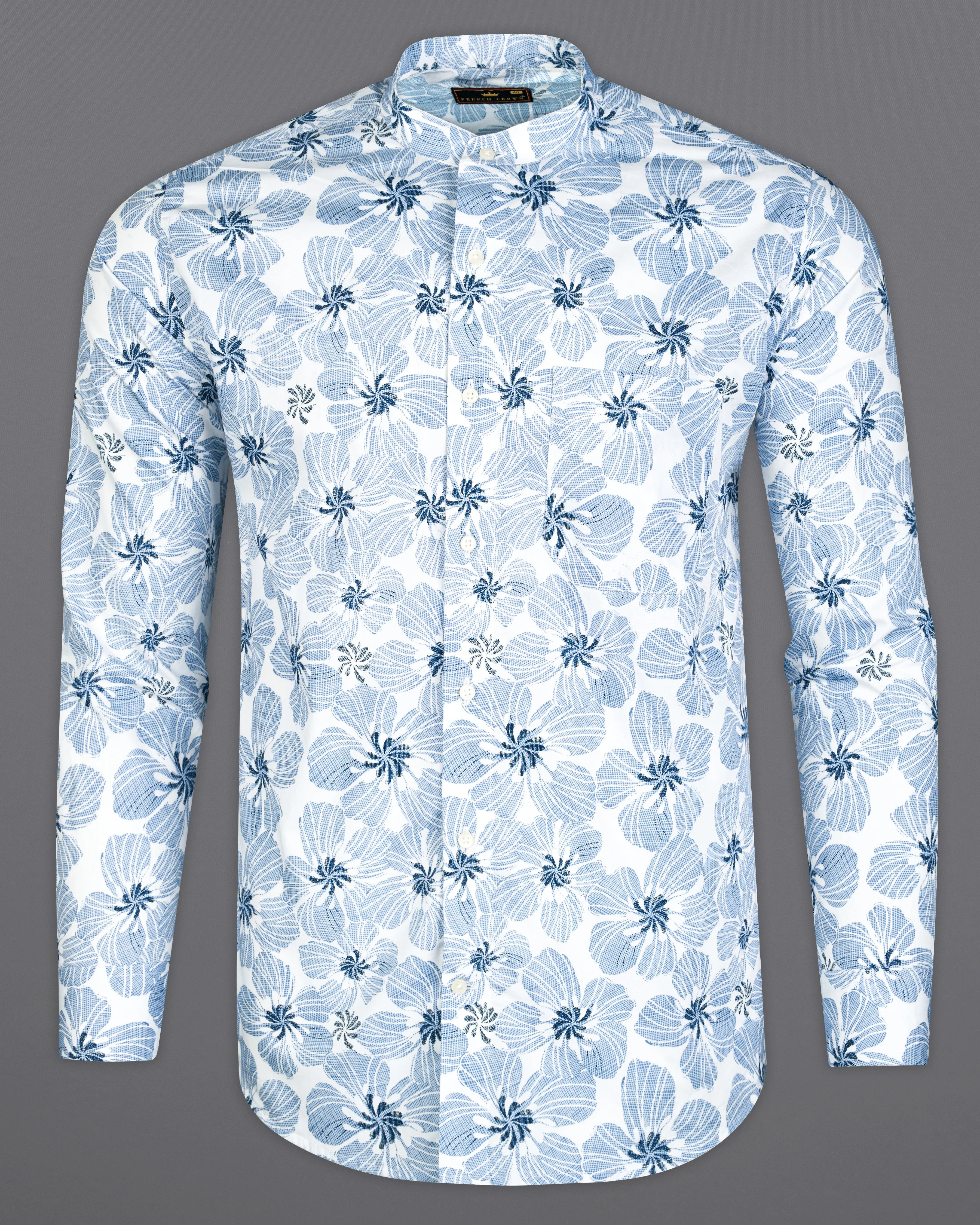 Aluminium Blue and White Floral Printed Premium Cotton Shirt
