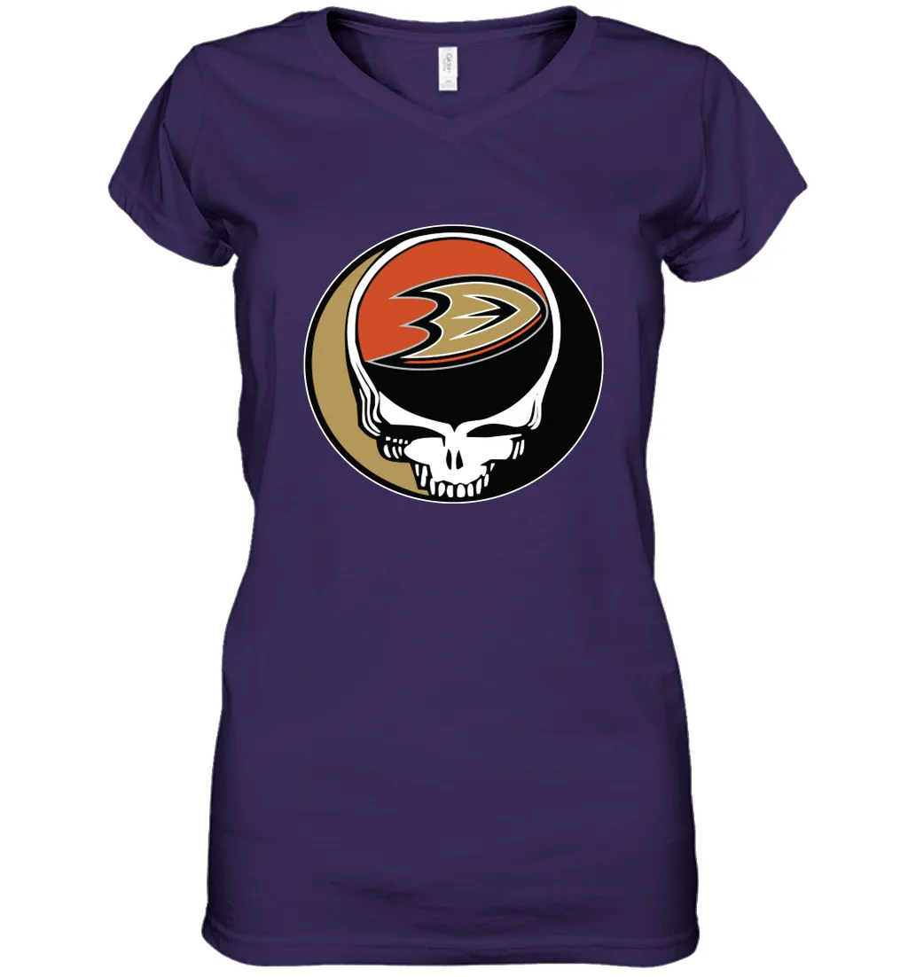 Anaheim Ducks Grateful Dead Steal Your Face Hockey NHL Womens V-Neck T-Shirt