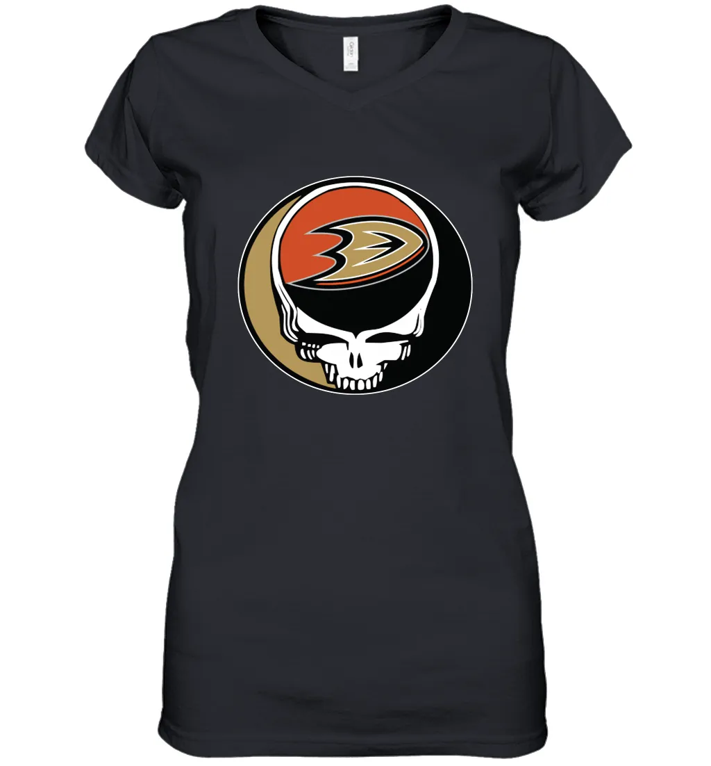 Anaheim Ducks Grateful Dead Steal Your Face Hockey NHL Womens V-Neck T-Shirt