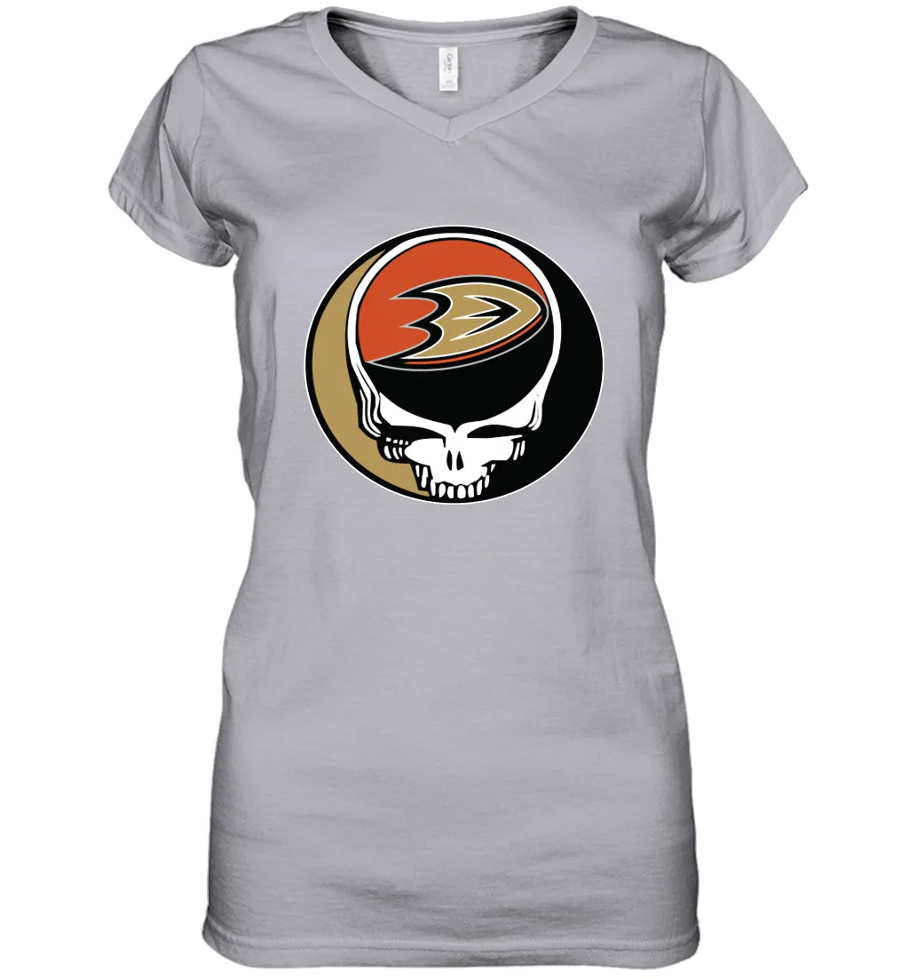 Anaheim Ducks Grateful Dead Steal Your Face Hockey NHL Womens V-Neck T-Shirt