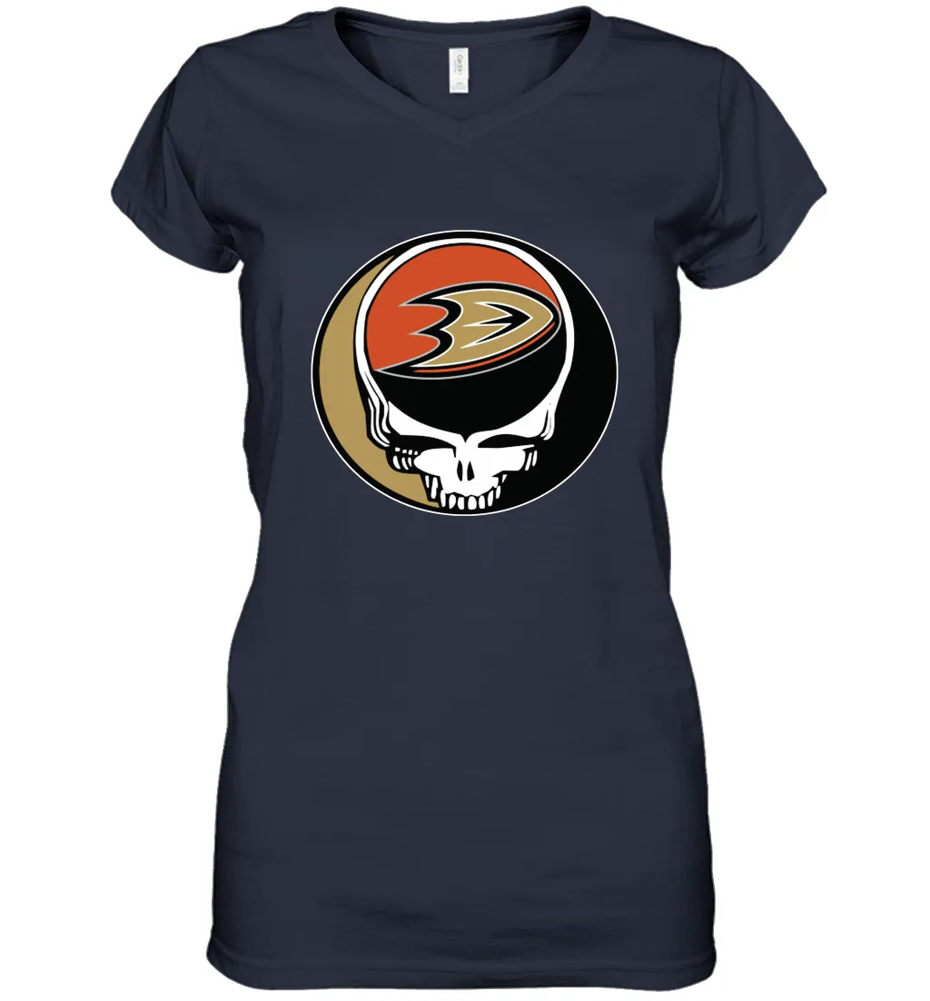 Anaheim Ducks Grateful Dead Steal Your Face Hockey NHL Womens V-Neck T-Shirt