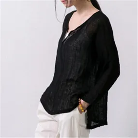 Asymmetric Sweep Vintage Loose Linen Shirt Women Johnature 1672591
