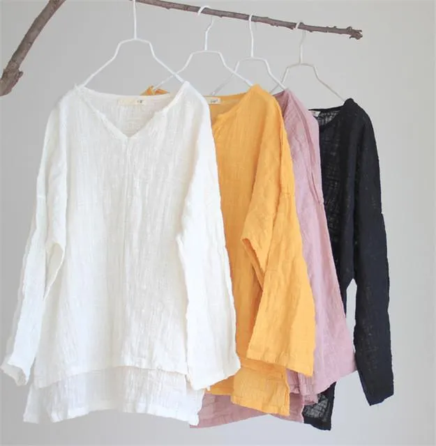 Asymmetric Sweep Vintage Loose Linen Shirt Women Johnature 1672591