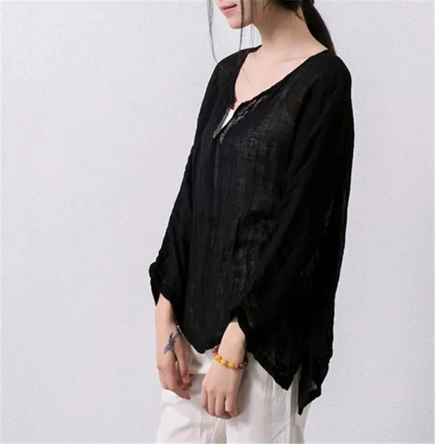 Asymmetric Sweep Vintage Loose Linen Shirt Women Johnature 1672591