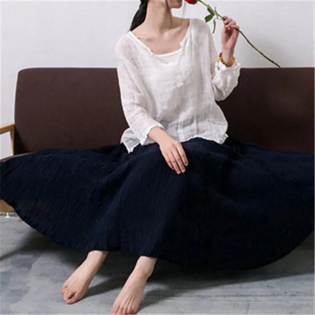 Asymmetric Sweep Vintage Loose Linen Shirt Women Johnature 1672591