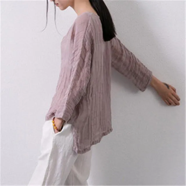 Asymmetric Sweep Vintage Loose Linen Shirt Women Johnature 1672591