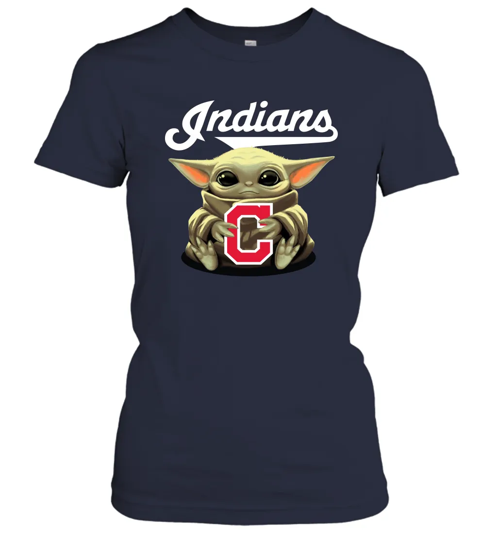 Baby Yoda Hugs Loves The Cleveland Indians Baseball Womens T-Shirt