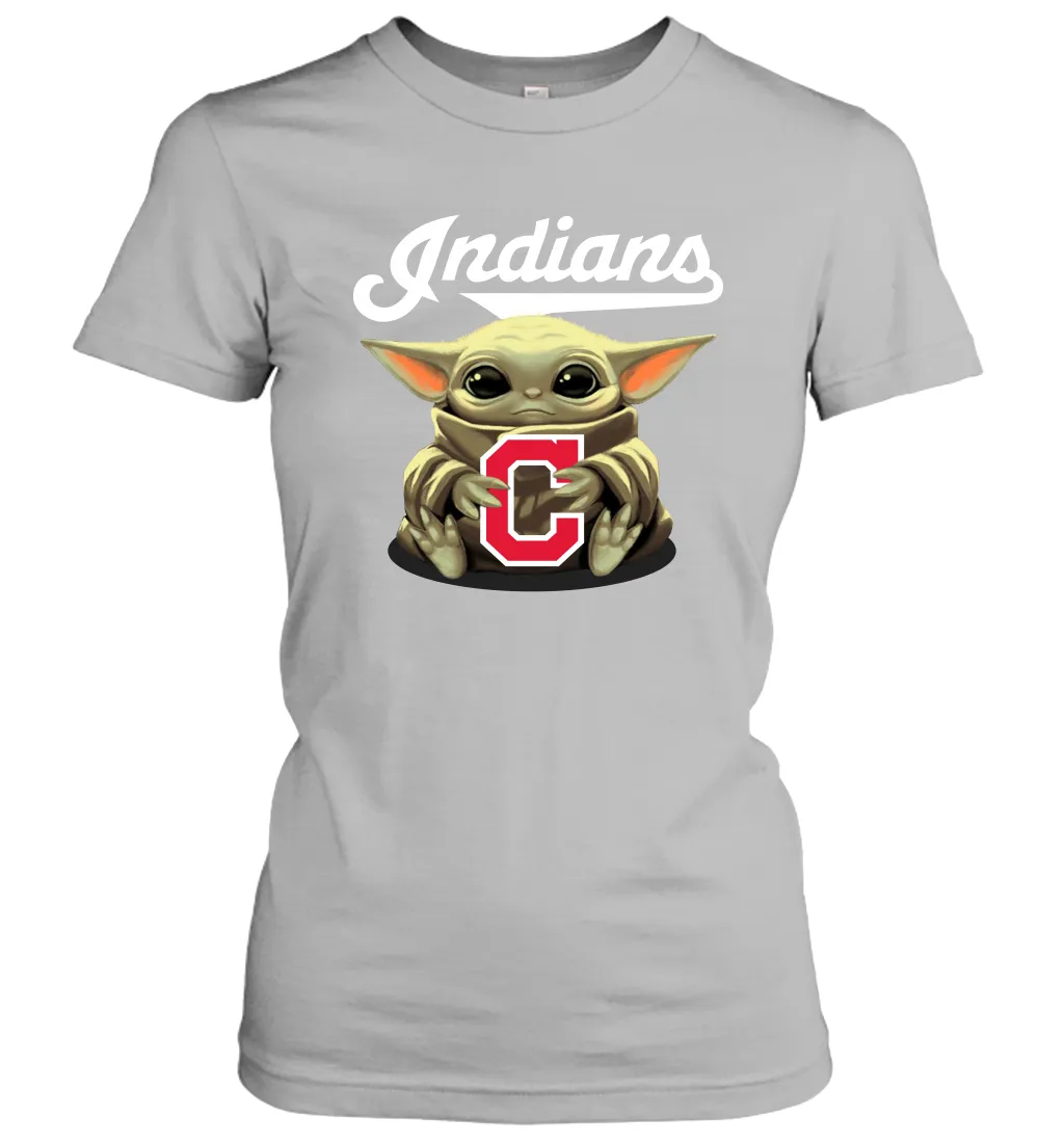 Baby Yoda Hugs Loves The Cleveland Indians Baseball Womens T-Shirt