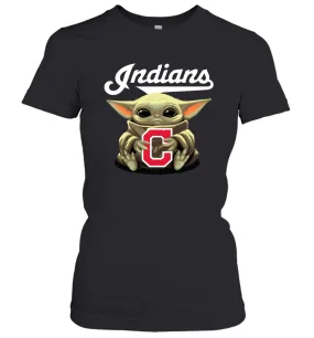 Baby Yoda Hugs Loves The Cleveland Indians Baseball Womens T-Shirt
