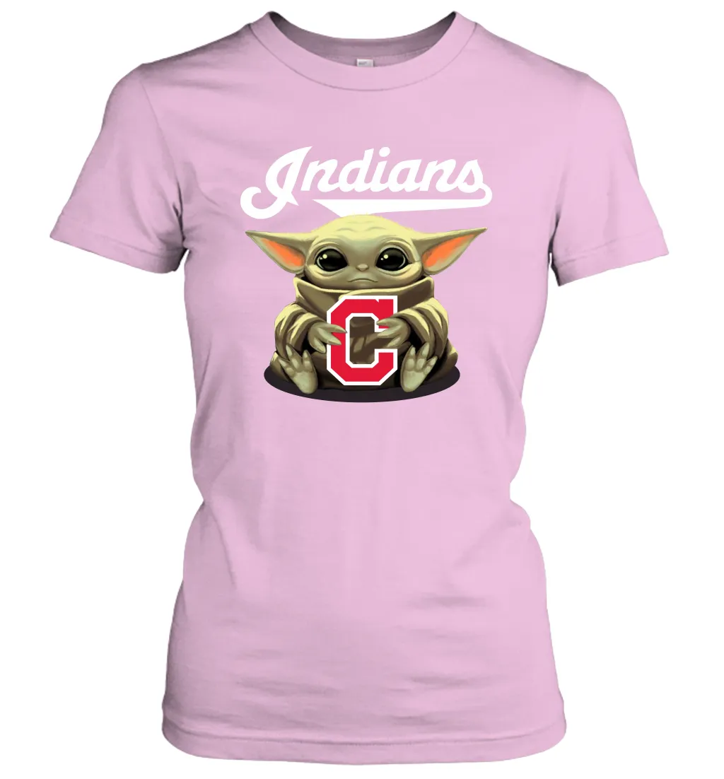 Baby Yoda Hugs Loves The Cleveland Indians Baseball Womens T-Shirt