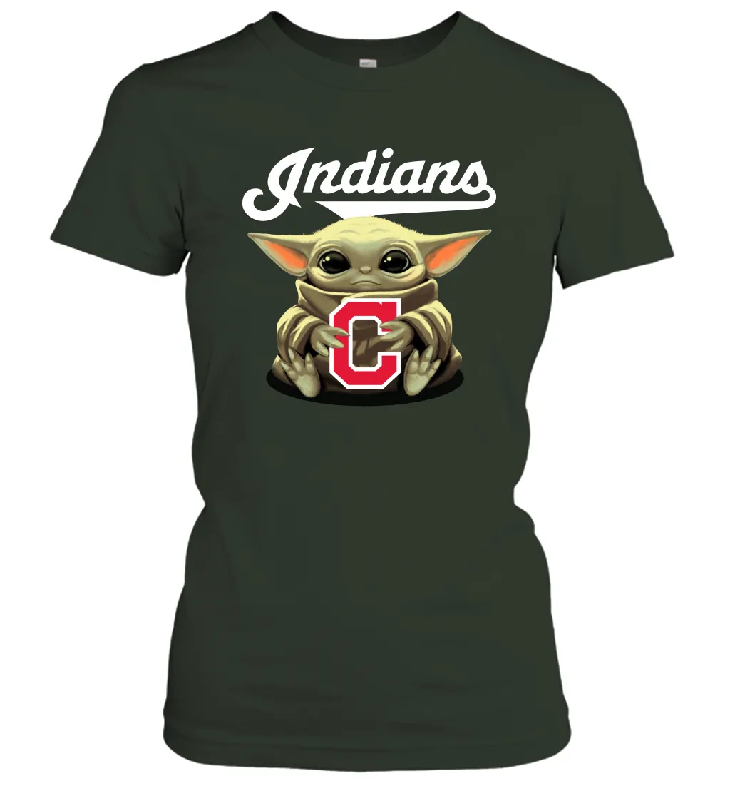 Baby Yoda Hugs Loves The Cleveland Indians Baseball Womens T-Shirt
