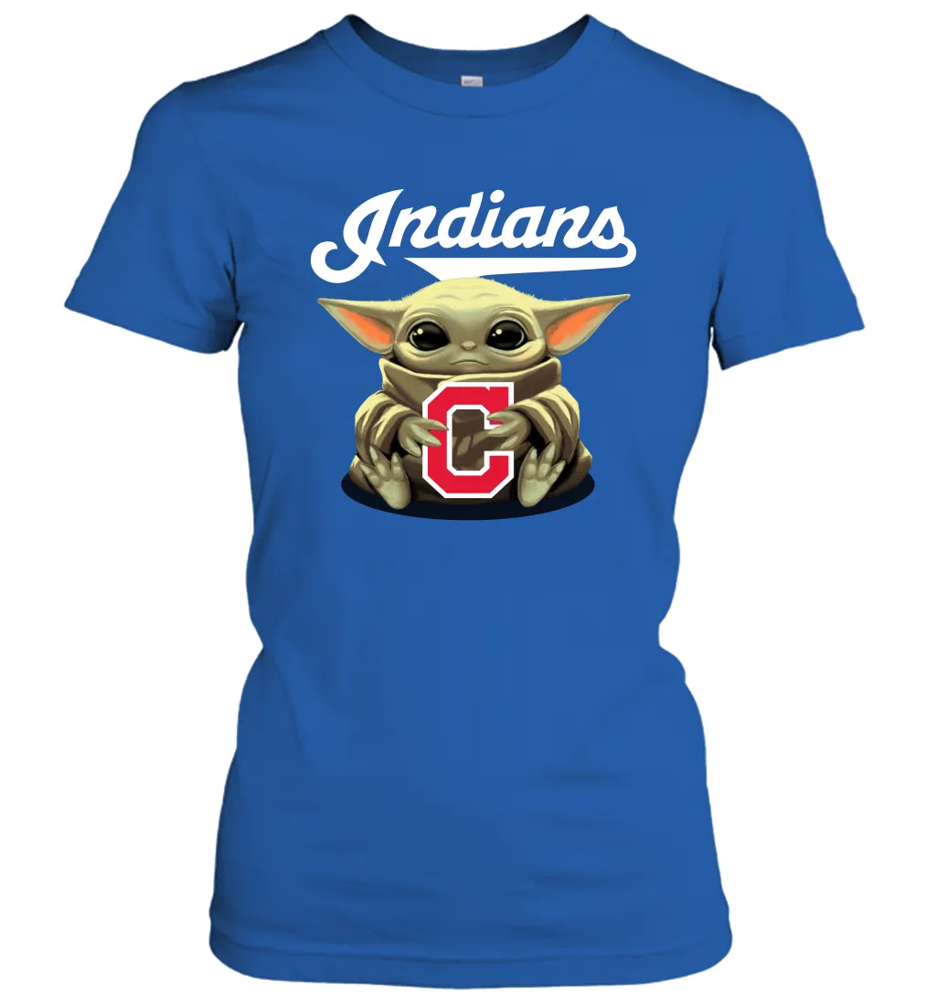 Baby Yoda Hugs Loves The Cleveland Indians Baseball Womens T-Shirt