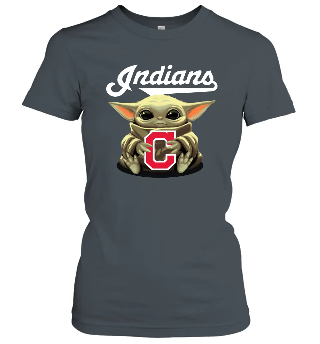 Baby Yoda Hugs Loves The Cleveland Indians Baseball Womens T-Shirt