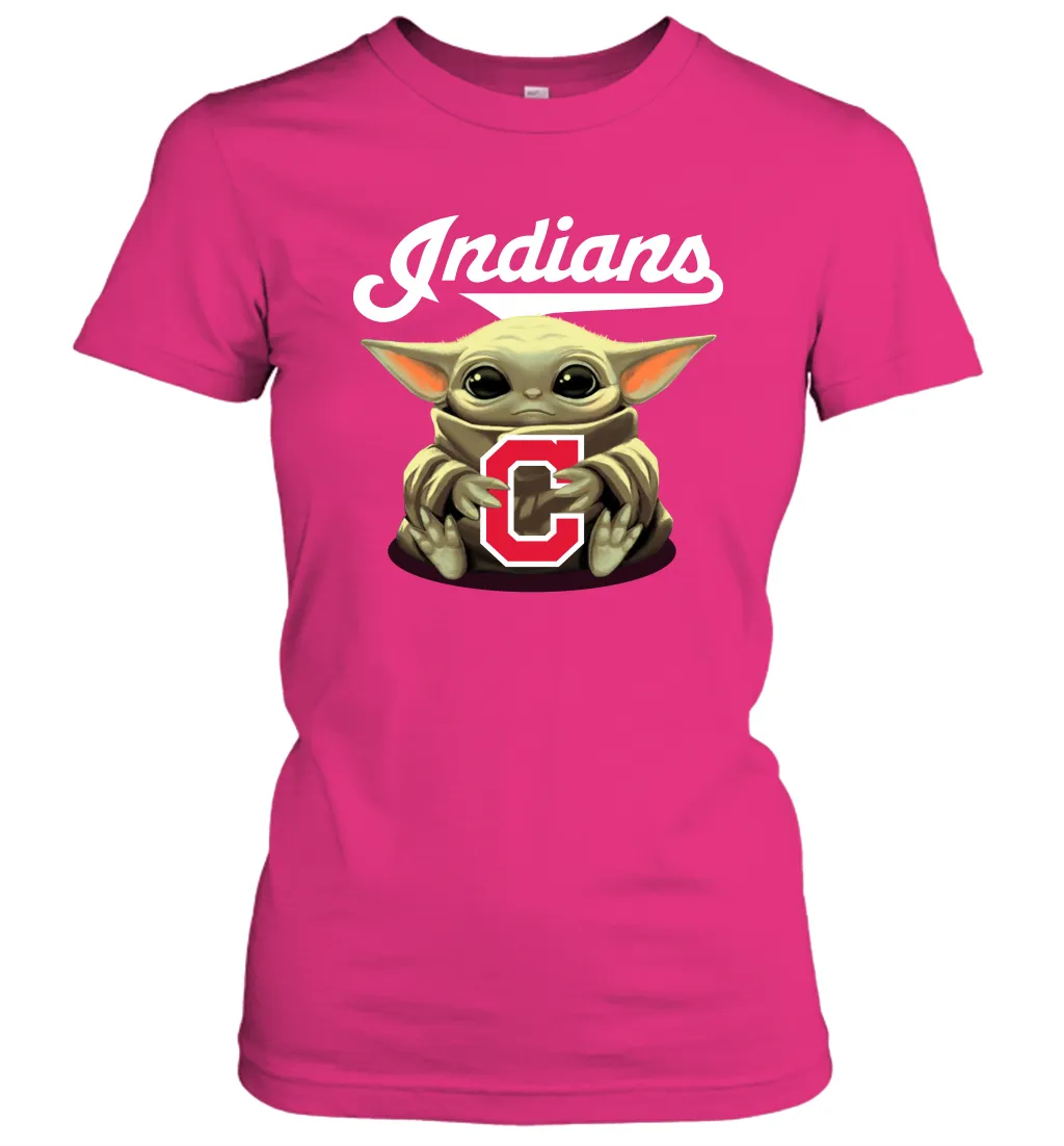 Baby Yoda Hugs Loves The Cleveland Indians Baseball Womens T-Shirt