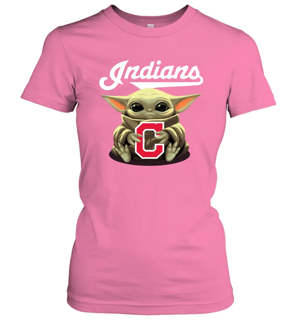 Baby Yoda Hugs Loves The Cleveland Indians Baseball Womens T-Shirt
