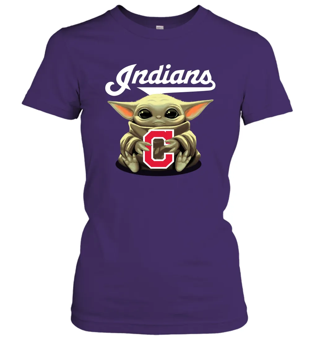 Baby Yoda Hugs Loves The Cleveland Indians Baseball Womens T-Shirt