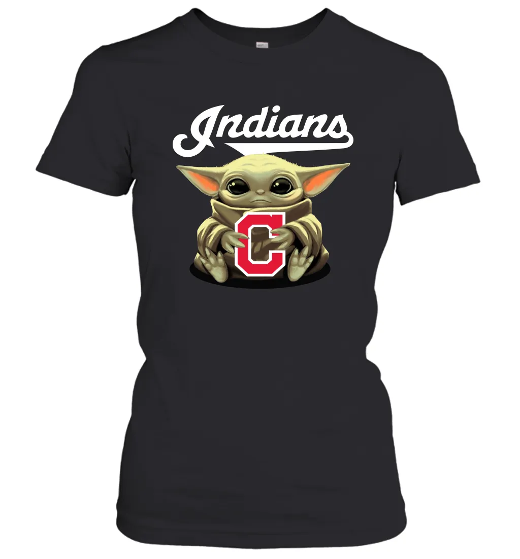Baby Yoda Hugs Loves The Cleveland Indians Baseball Womens T-Shirt