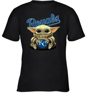 Baby Yoda Hugs Loves The Kansas City Royals Baseball Youth T-Shirt