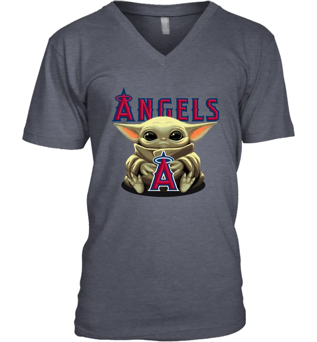 Baby Yoda Hugs Loves The Los Angeles Angels Baseball Mens V-Neck T-Shirt