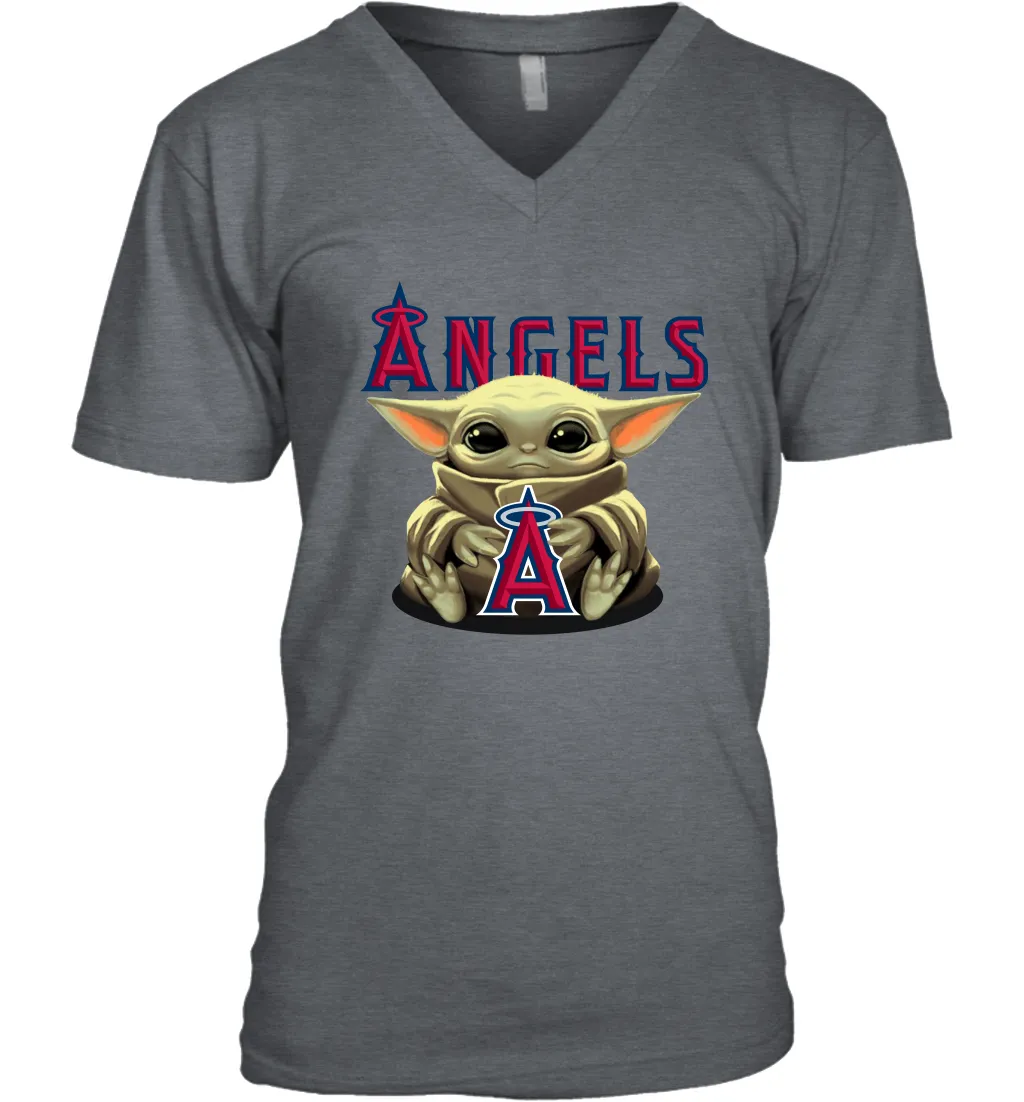 Baby Yoda Hugs Loves The Los Angeles Angels Baseball Mens V-Neck T-Shirt