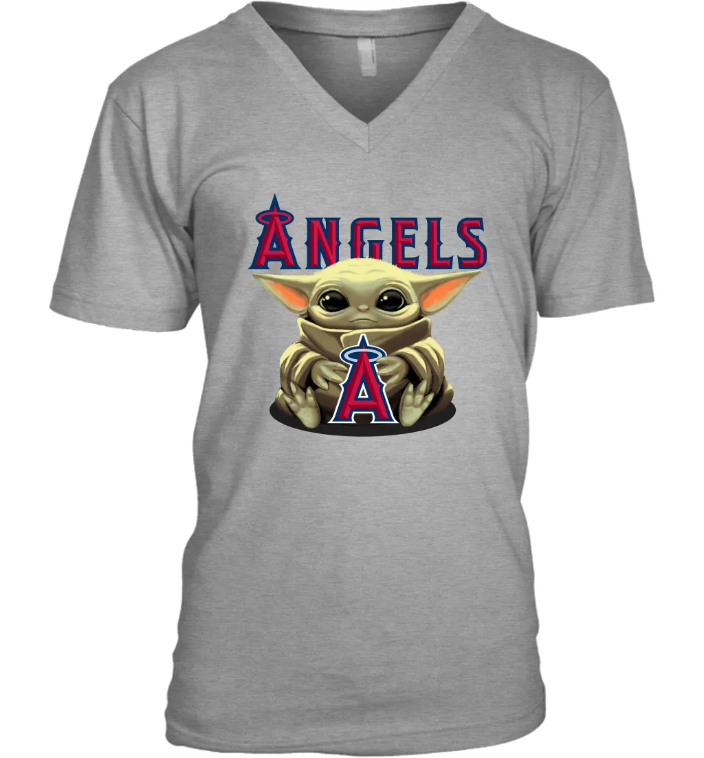 Baby Yoda Hugs Loves The Los Angeles Angels Baseball Mens V-Neck T-Shirt
