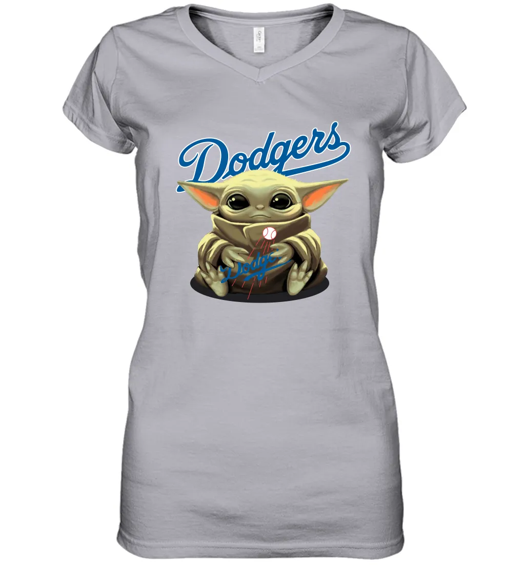 Baby Yoda Hugs Loves The Los Angeles Dodgers Baseball Womens V-Neck T-Shirt