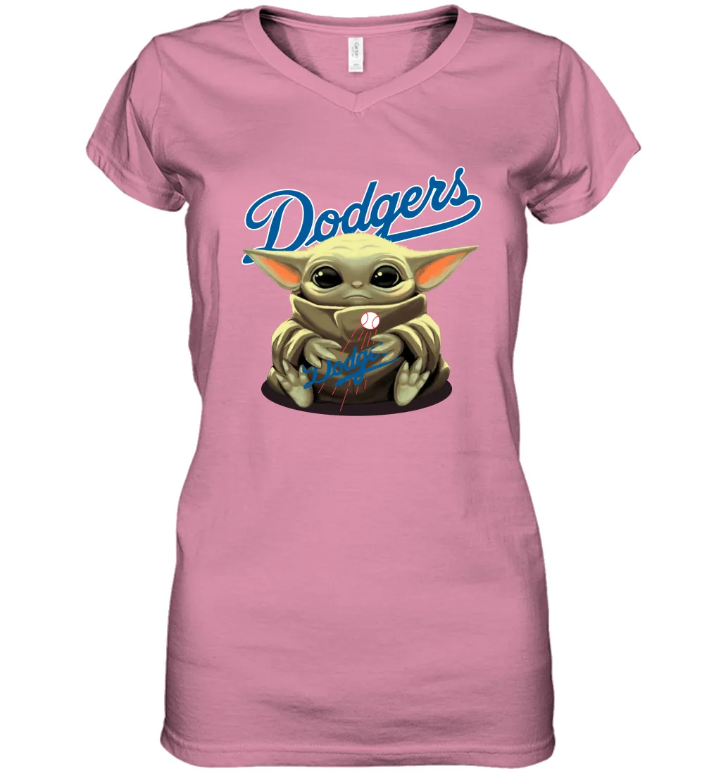 Baby Yoda Hugs Loves The Los Angeles Dodgers Baseball Womens V-Neck T-Shirt