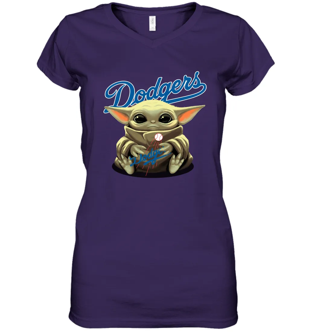 Baby Yoda Hugs Loves The Los Angeles Dodgers Baseball Womens V-Neck T-Shirt