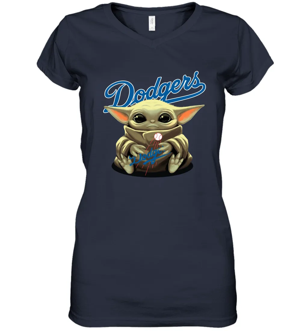 Baby Yoda Hugs Loves The Los Angeles Dodgers Baseball Womens V-Neck T-Shirt