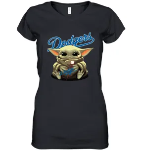 Baby Yoda Hugs Loves The Los Angeles Dodgers Baseball Womens V-Neck T-Shirt